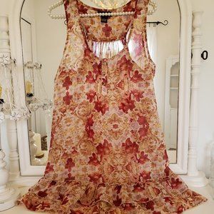 Shear Floral Tank Tunic Wet Seal Tan Burgundy Olive Large L Ruffles